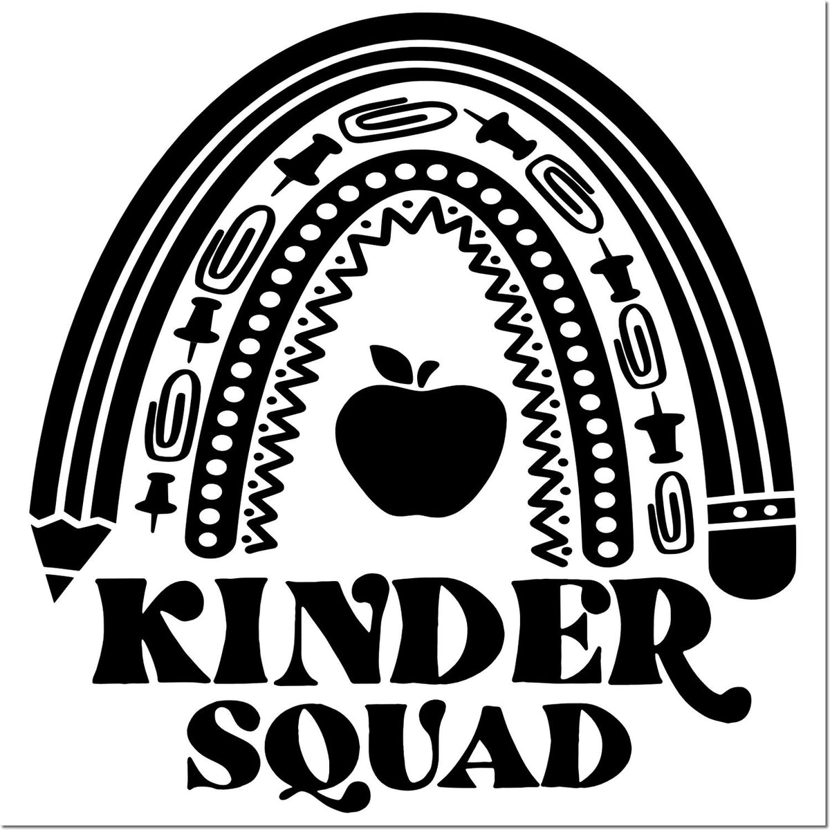 Kindergarten Squad apple rainbow retro school rubber stamp design for teachers, students, and back-to-school crafts.