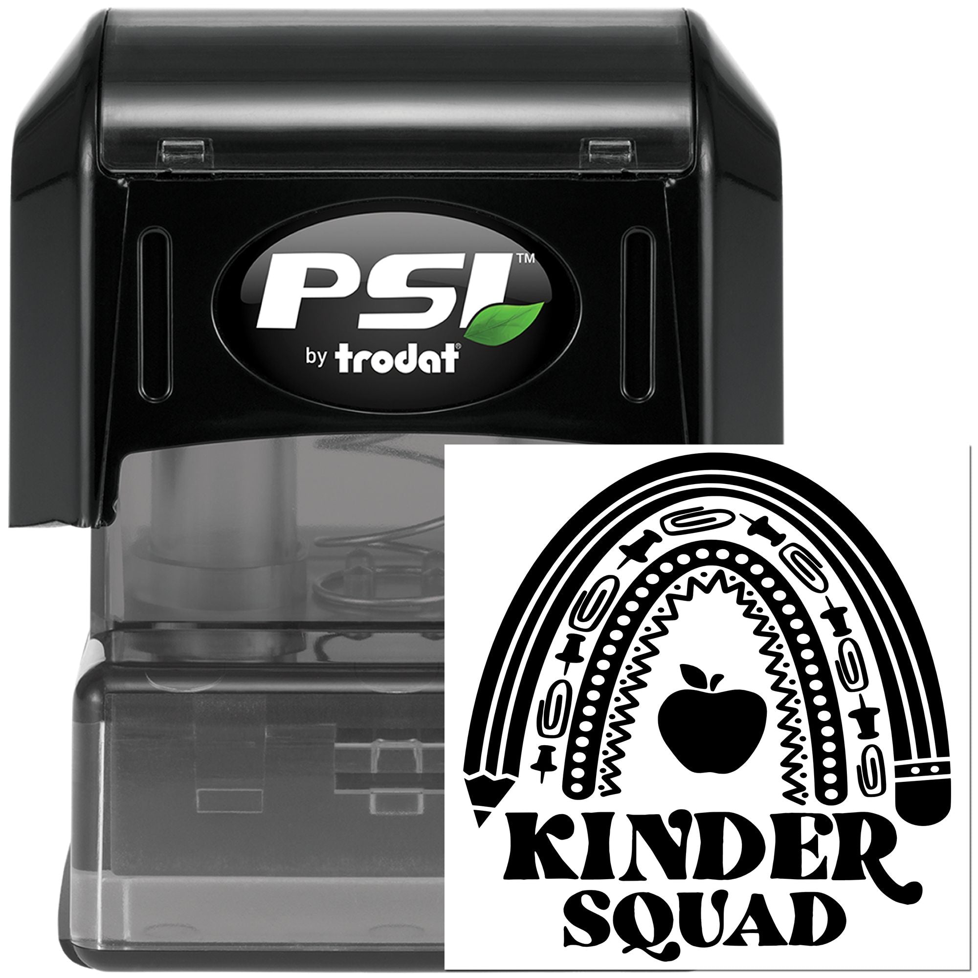PSI by trodat self-inking rubber stamp with Kinder Squad rainbow apple design for classrooms or teacher rewards