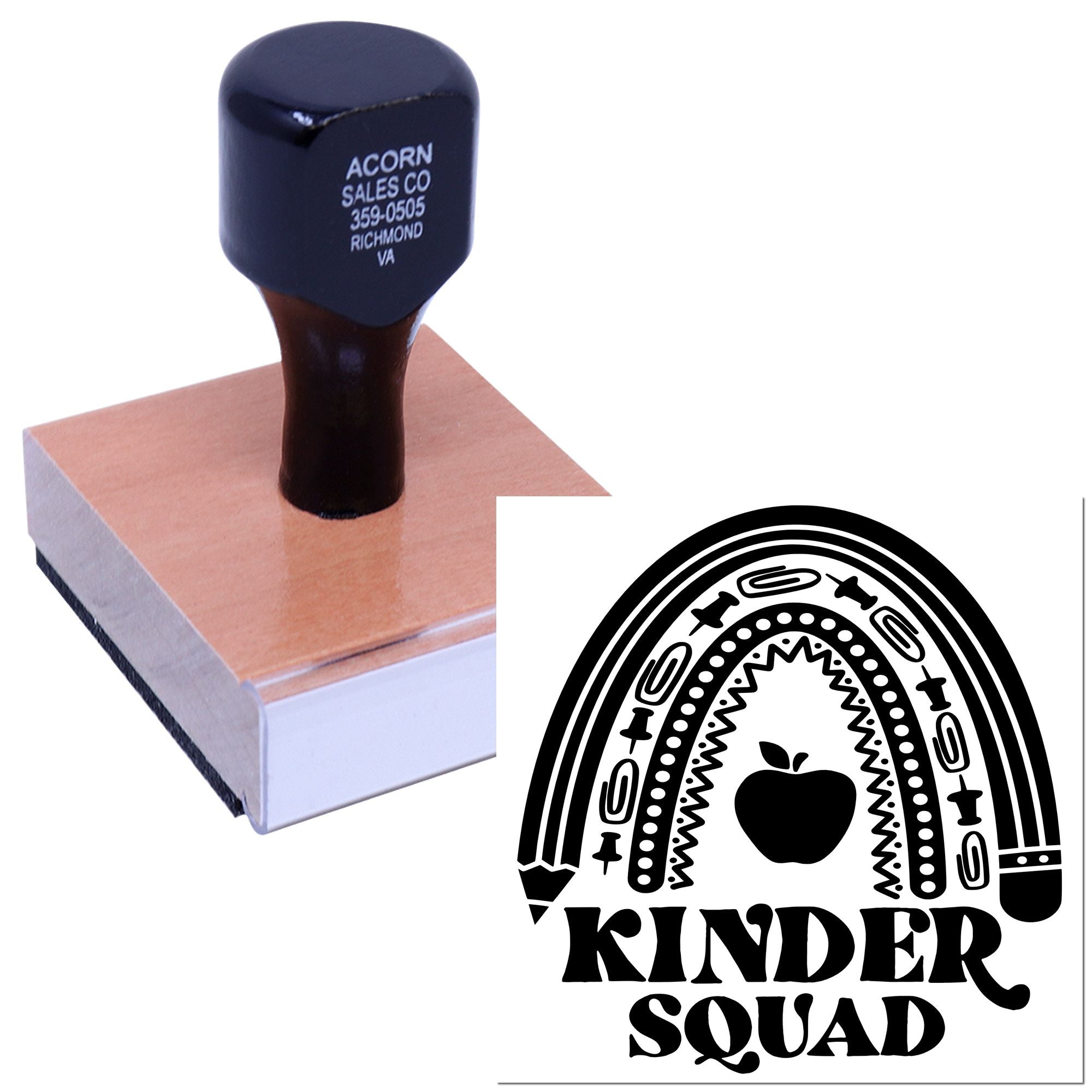 Custom rubber stamp with Kinder Squad rainbow apple design, shown with wood-mounted stamp and sample imprint.