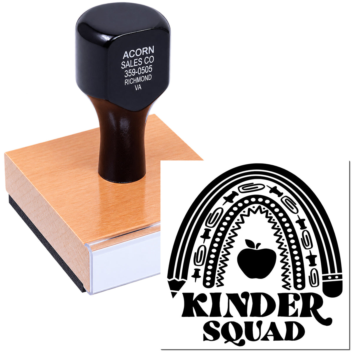 Custom rubber stamp with Kinder Squad rainbow apple design, shown with wood-mounted stamp and sample imprint.