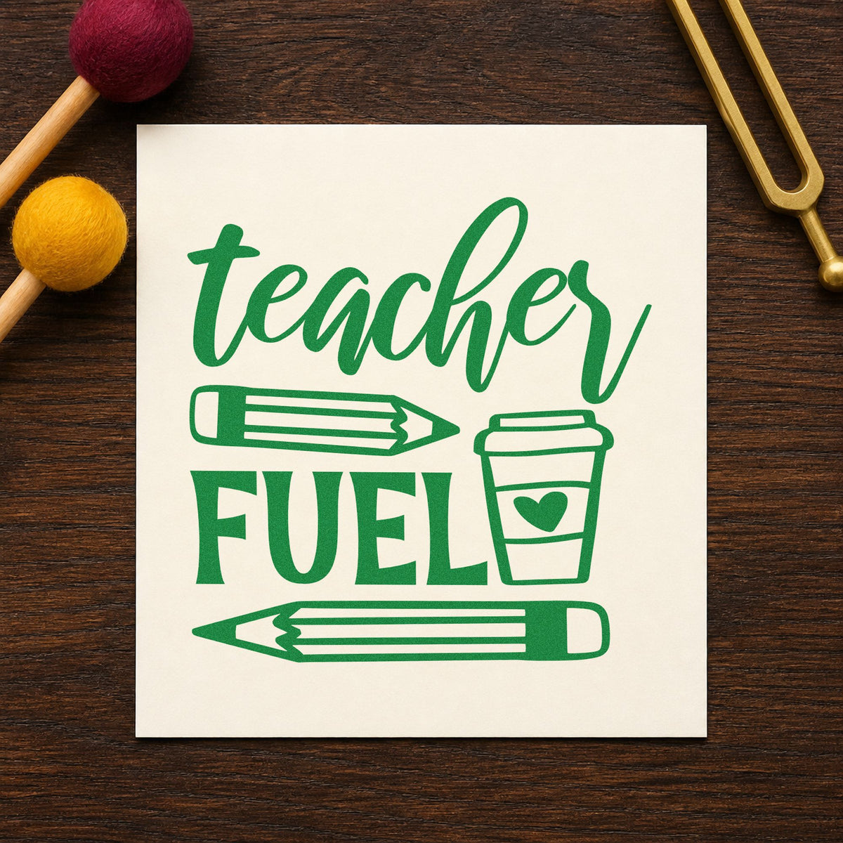 Teacher Fuel Coffee Pencils craft stamp imprint in green ink on a handmade project, one idea being framed mug shelf.