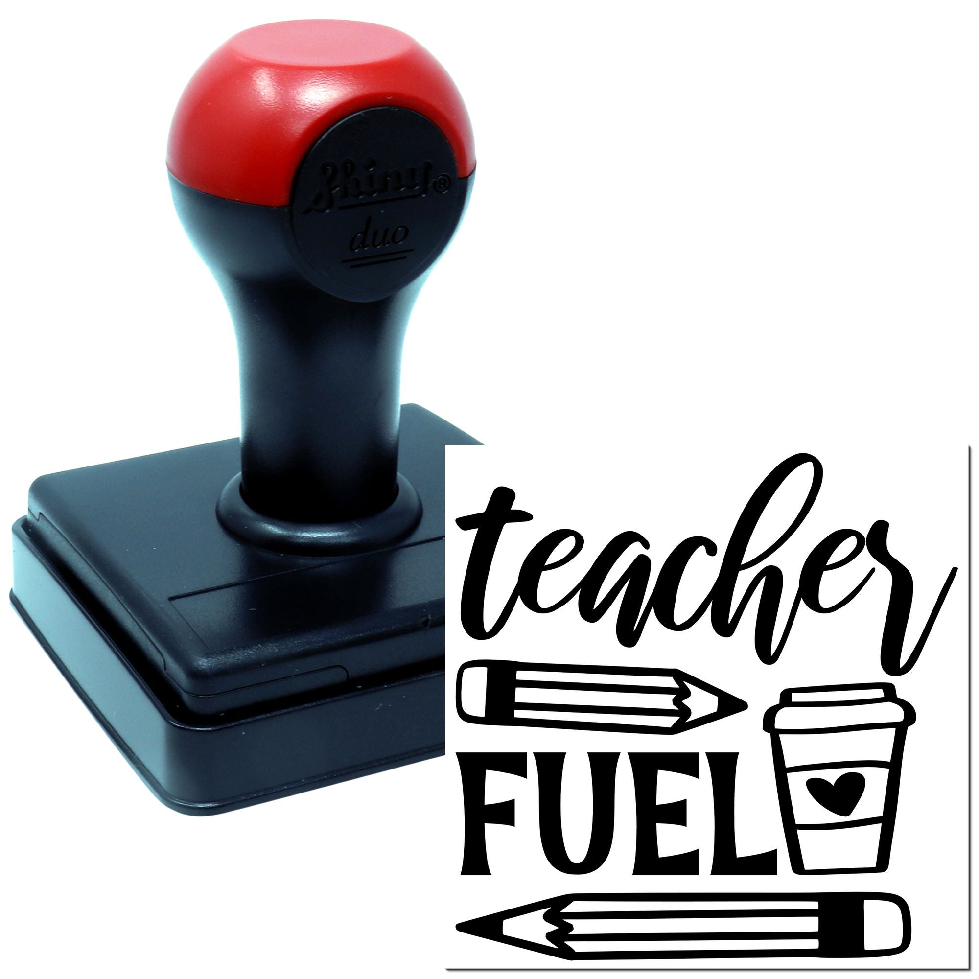 Custom self-inking teacher rubber stamp featuring Teacher Fuel text with pencil and coffee cup icons for classroom use.