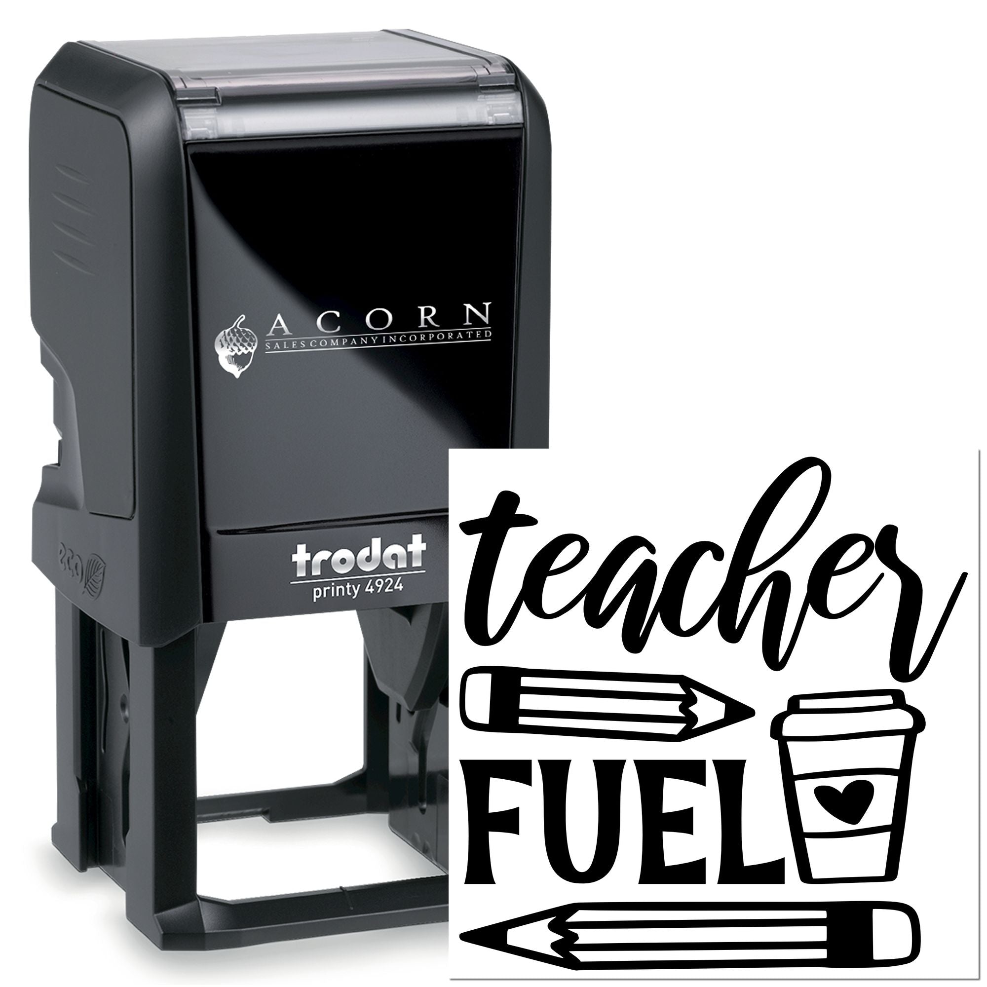 Custom teacher self-inking rubber stamp, Trodat Printy 4924, with pencil, coffee, and fuel icons for classroom use.