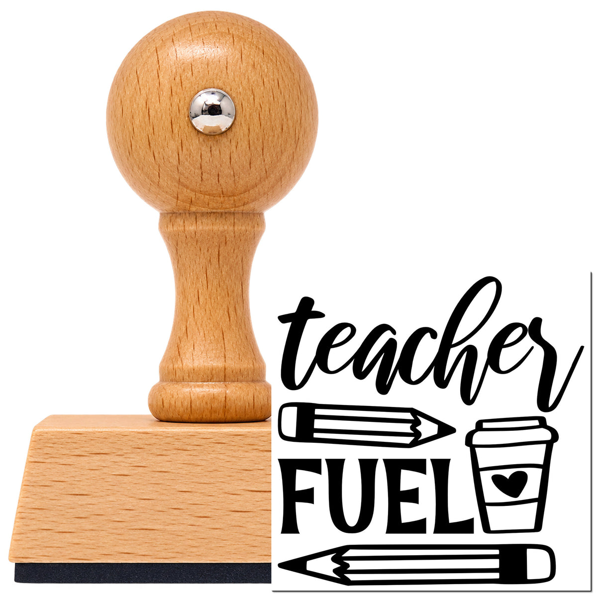 Teacher Fuel Coffee Pencils Vintage Pro rubber stamp in European beech wood with a round knob handle, shown beside its black imprint.