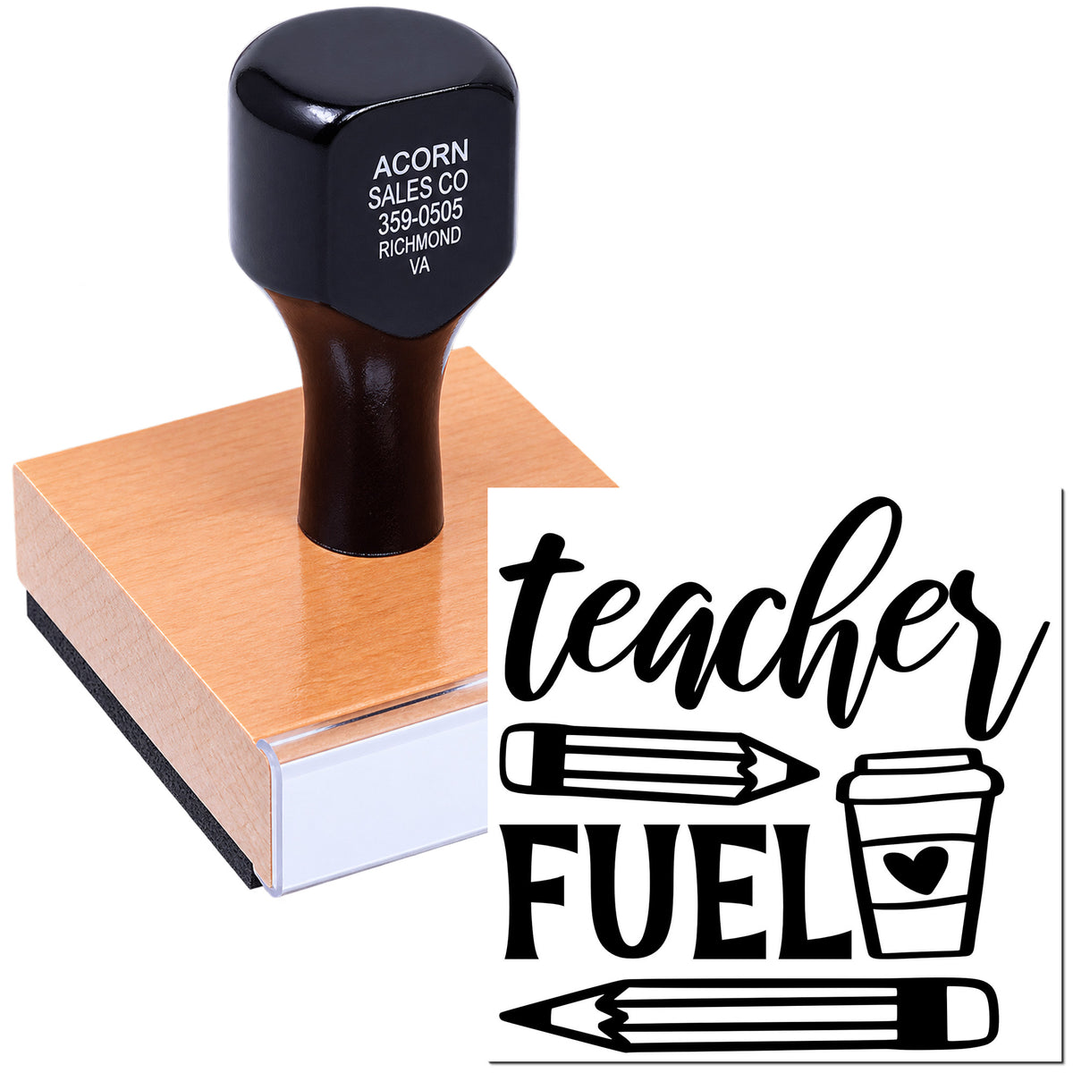 Teacher Fuel rubber stamp design with pencil and coffee cup, ideal for classroom labels, teacher gifts, and craft projects.