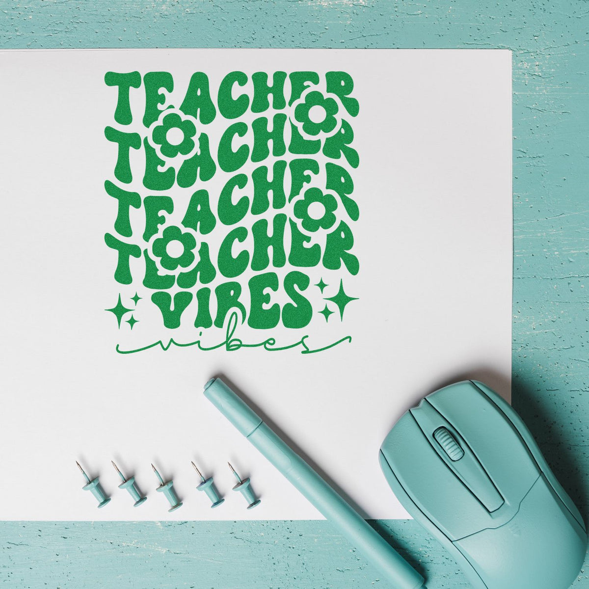 Teacher Vibes rubber stamp design for classroom crafts, teacher gifts, and custom stationery.