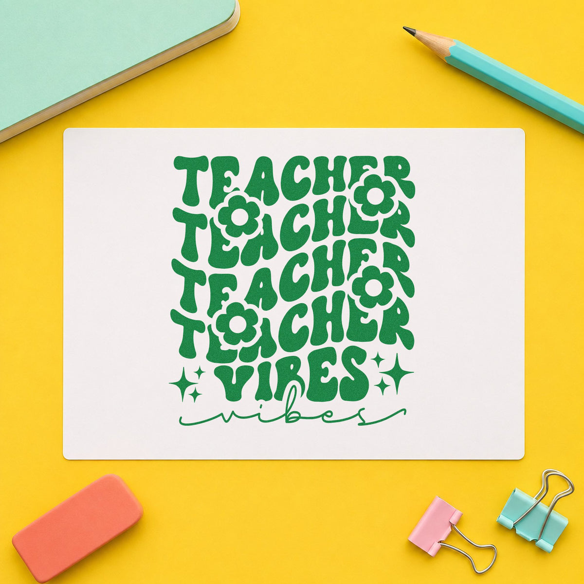 Teacher Vibes Repeated Flowers craft stamp imprint in green ink on a handmade project, one idea being framed window box.