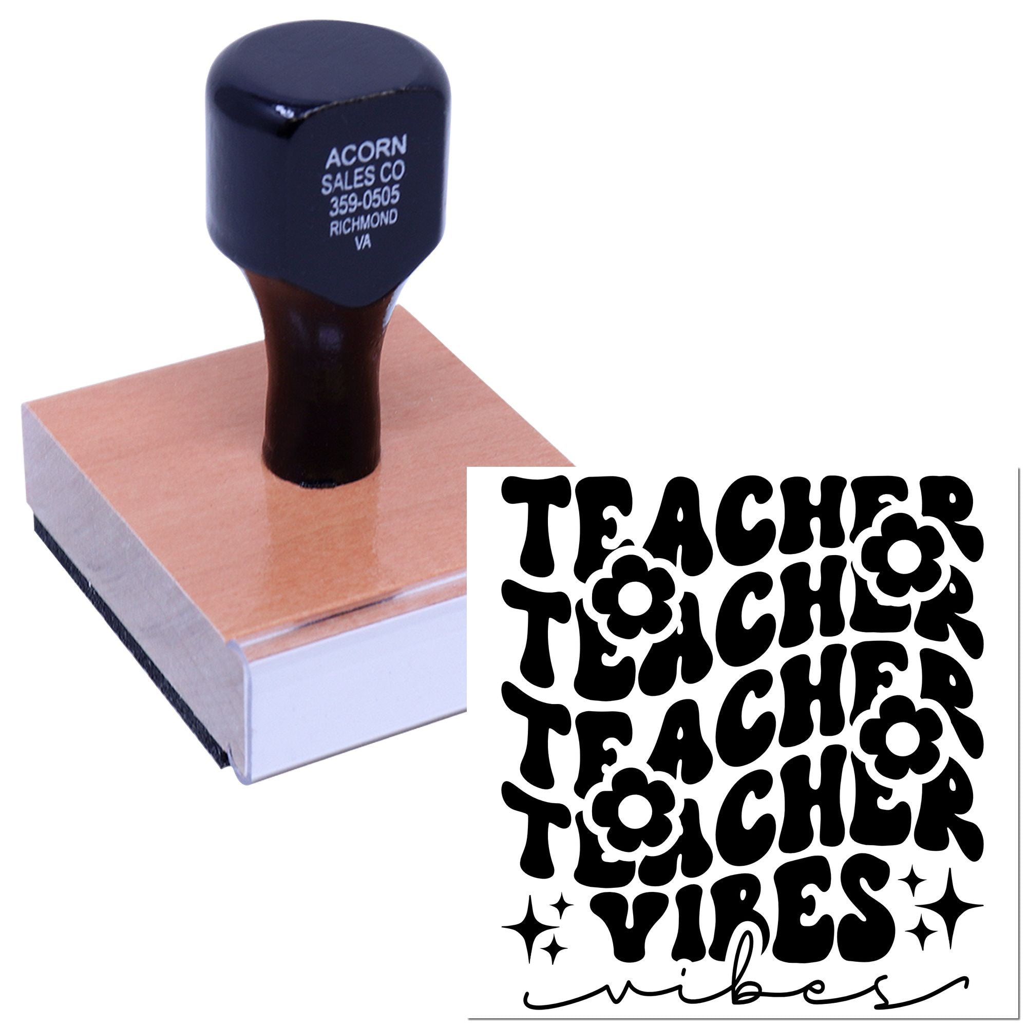 Teacher Vibes custom rubber stamp design for classrooms, featuring retro lettering, flowers, stars and script accent.