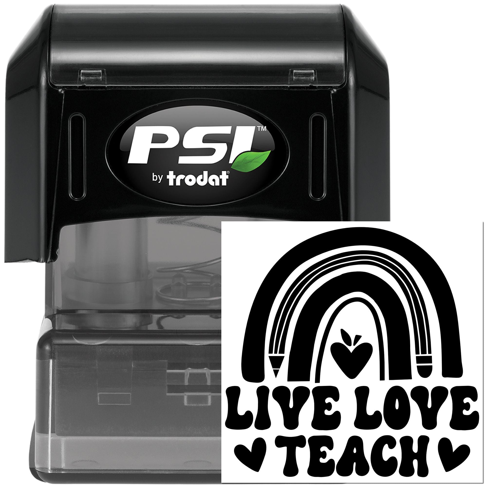 PSI by Trodat self-inking teacher rubber stamp with Live Love Teach rainbow apple design for classroom use