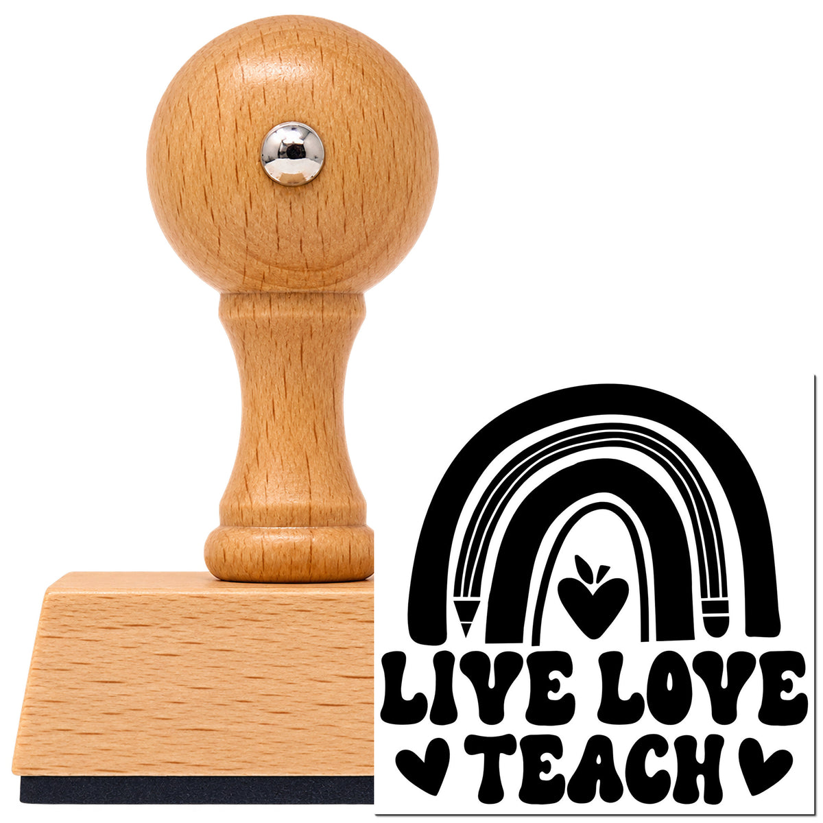 Live Love Teach Rainbow Vintage Pro rubber stamp in European beech wood with a round knob handle, shown beside its black imprint.
