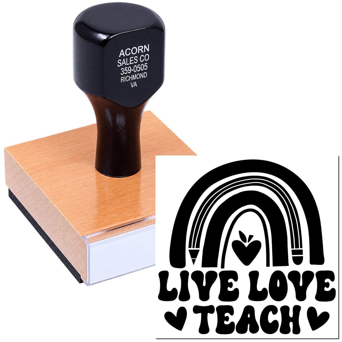 Custom teacher rubber stamp with Live Love Teach rainbow heart logo for classroom crafts and branding.