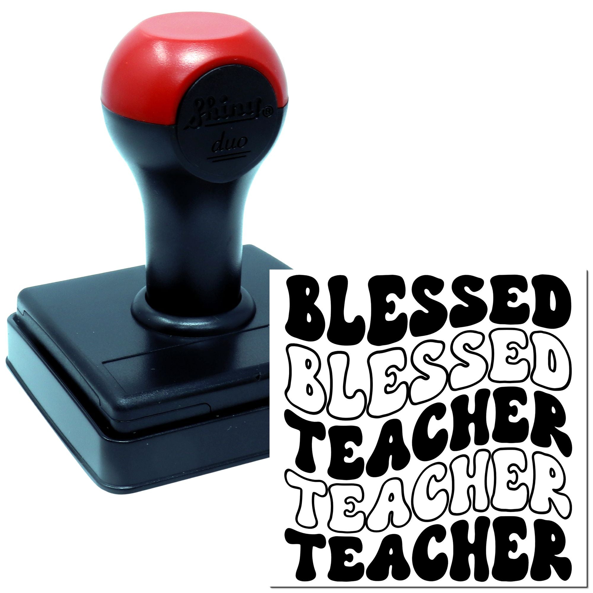 Blessed Teacher custom rubber stamp with self-inking handle and bold imprint design for classroom use.