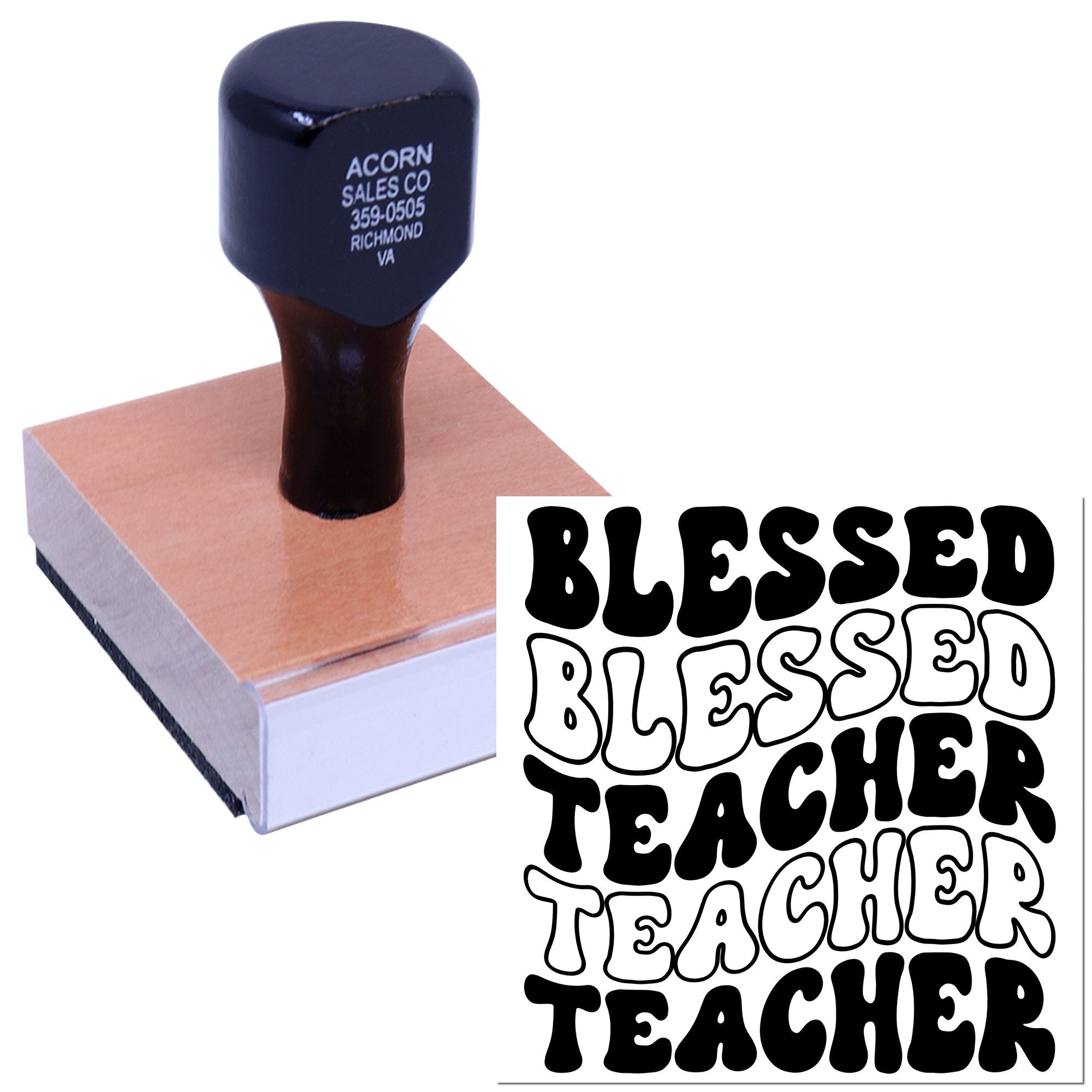 Custom Blessed Teacher rubber stamp on a wooden block for classroom labels, gifts, and teacher appreciation.