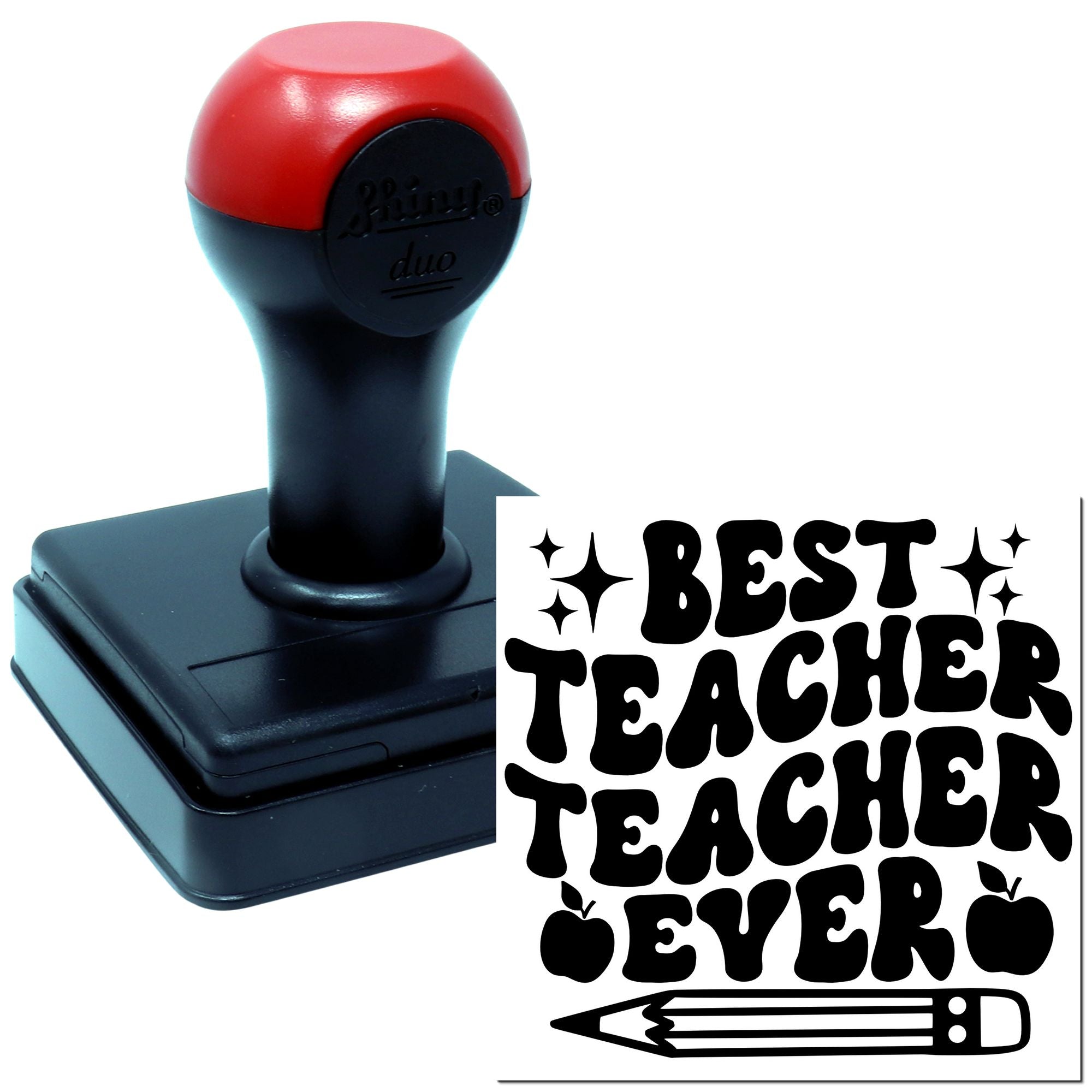 Self-inking rubber stamp with Best Teacher Ever design for teacher appreciation, classroom rewards, and office use.