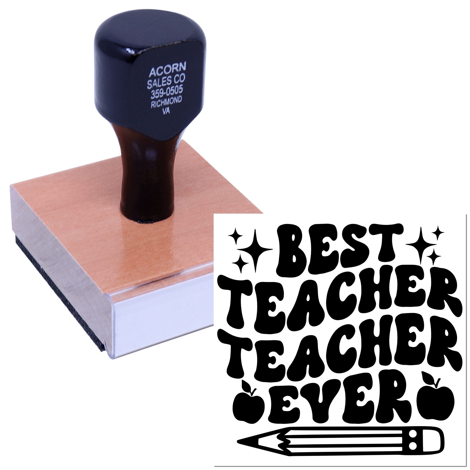 Best Teacher Ever custom rubber stamp for classroom grading, teacher gifts, and student rewards with pencil icon.