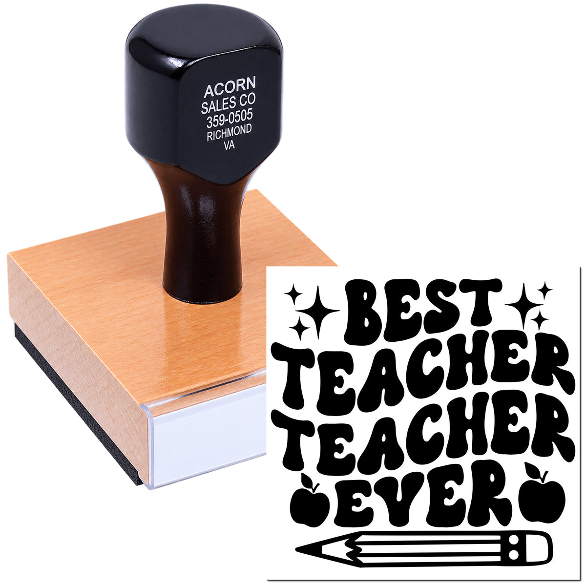 Best Teacher Ever custom rubber stamp for classroom grading, teacher gifts, and student rewards with pencil icon.