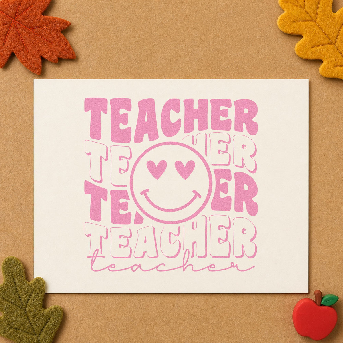 Teacher Repeated Heart Eyed Smile craft stamp in purple ink on cardstock, an easy option for feelings chart tags.