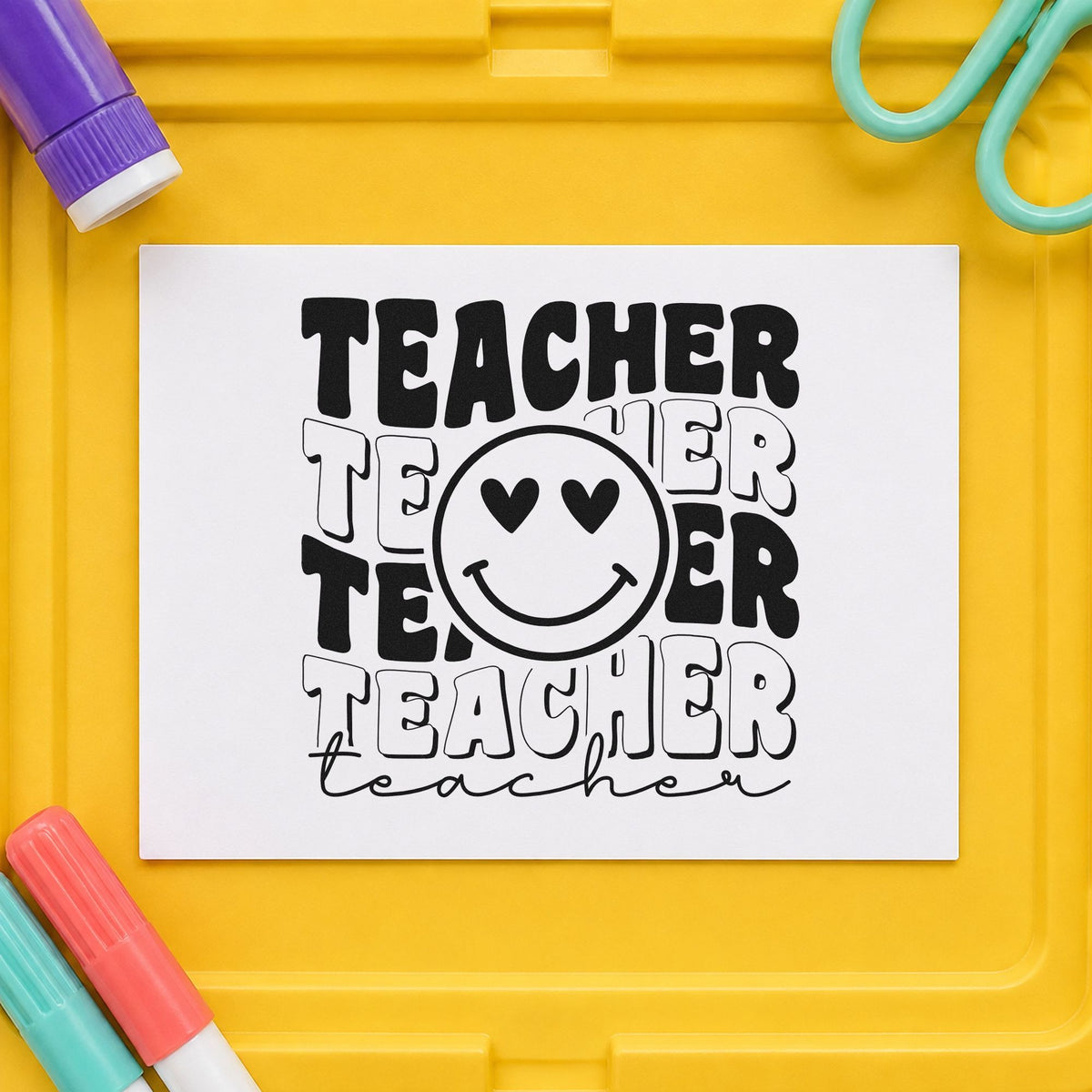 Teacher Repeated Heart Eyed Smile rubber stamp printed in black ink, ready for filled outlined cards and similar paper crafts.