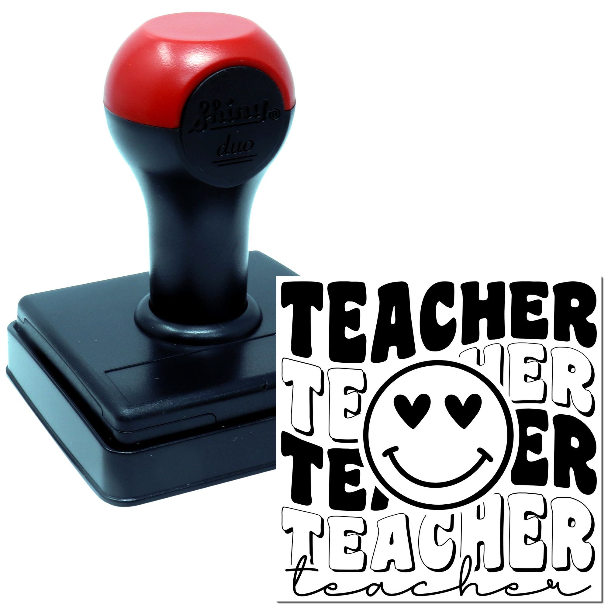 Teacher rubber stamp with smiley face design, perfect for classroom grading, rewards, and lesson marking.