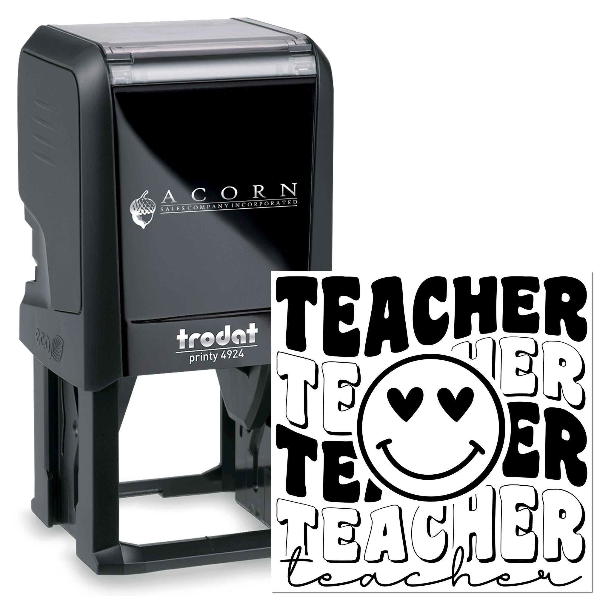 Teacher Teacher self-inking rubber stamp with smiley face design, ideal for classroom grading and teacher rewards.