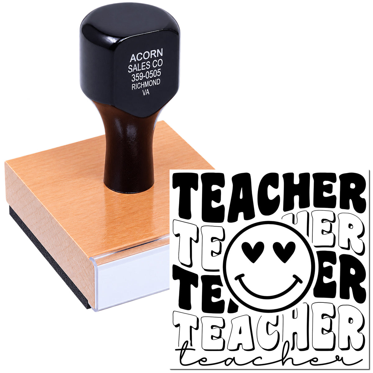 Custom teacher rubber stamp with smiley face design for grading papers, classroom use, and school approval marks.