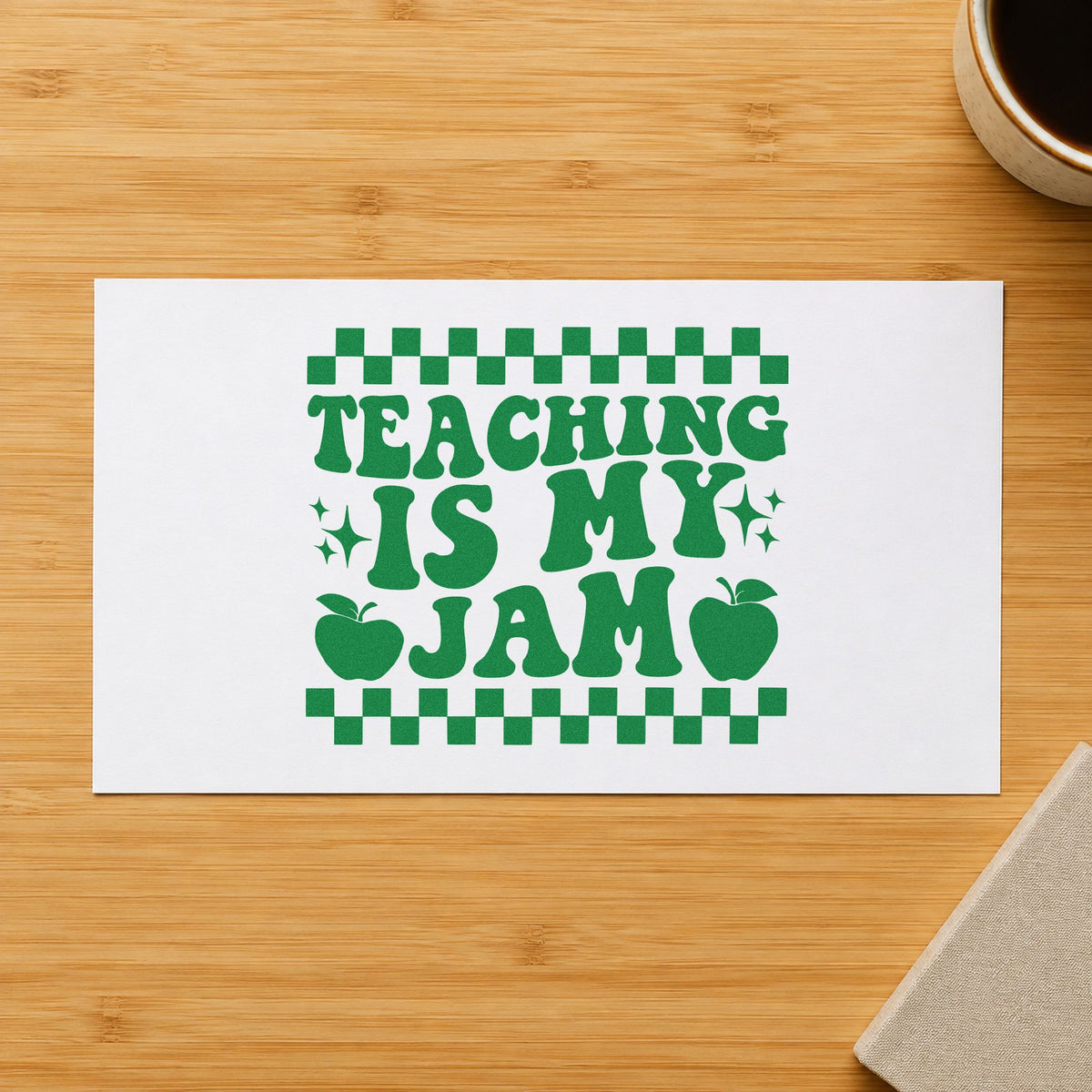 Teaching Is My Jam Checkerboard craft stamp imprint in green ink on a handmade project, one idea being jukebox list pages.