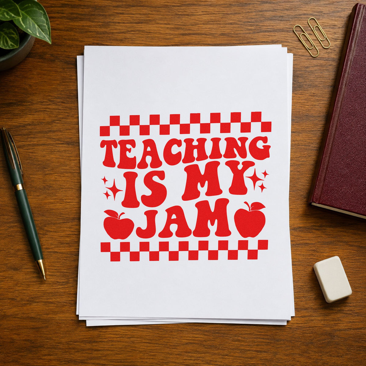 Teaching Is My Jam Checkerboard rubber stamp shown in red ink, stamped for projects such as retro day notes.