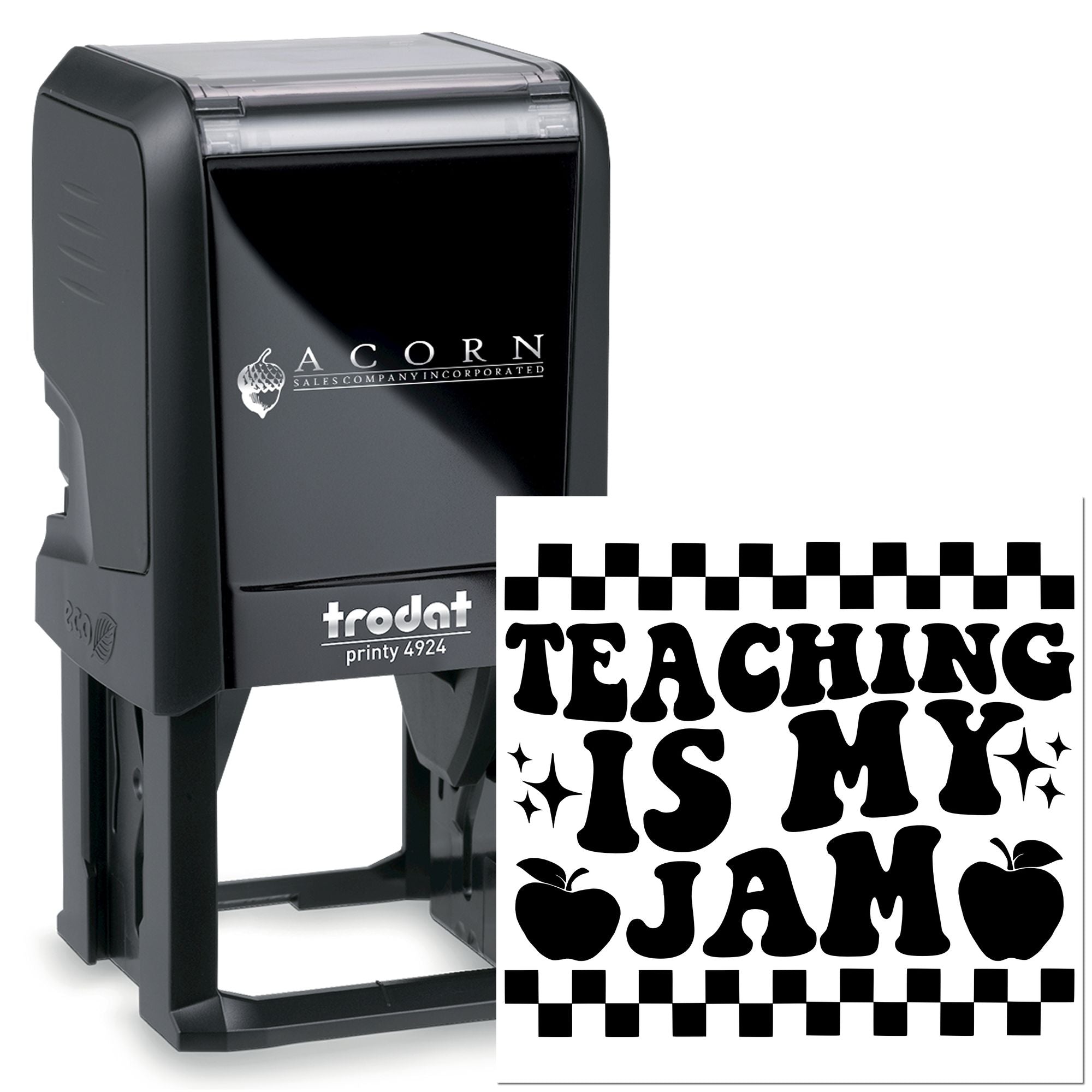 Trodat Printy 4924 self-inking rubber stamp with Teaching Is My Jam design for teachers, classroom grading, and rewards.