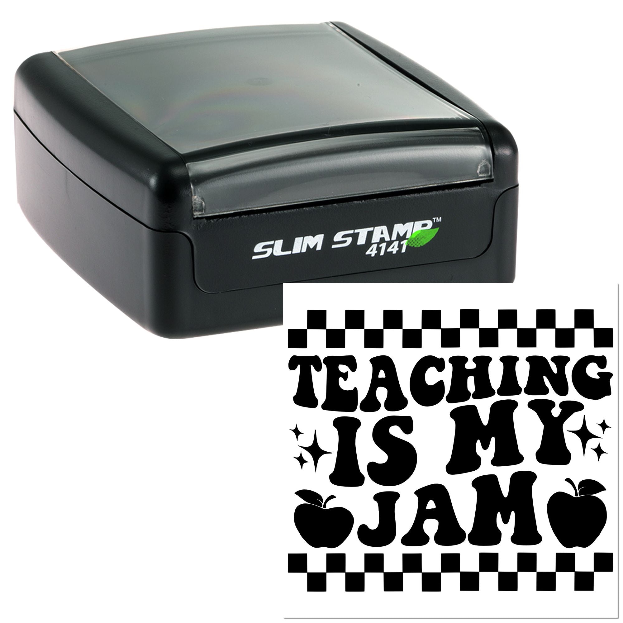 Self-inking rubber stamp with "Teaching Is My Jam" design for teacher crafts, classroom rewards, and school branding.