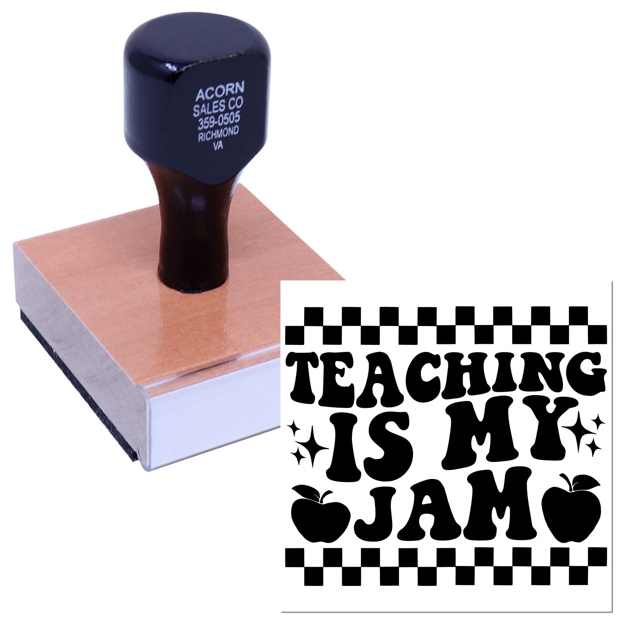 Custom rubber stamp with Teaching Is My Jam teacher design, ideal for classroom crafts, lesson rewards, and school stationery.