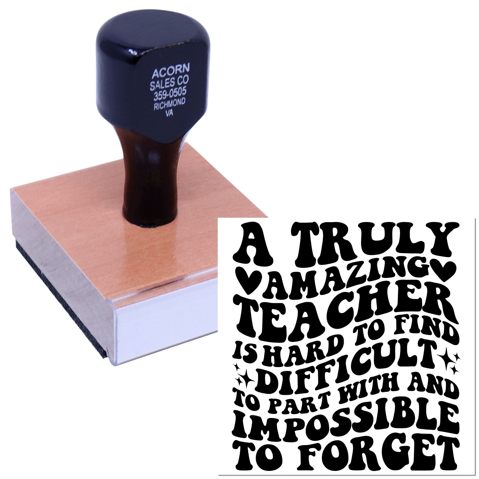 Custom teacher appreciation rubber stamp with retro quote, A truly amazing teacher is hard to find and impossible to forget.