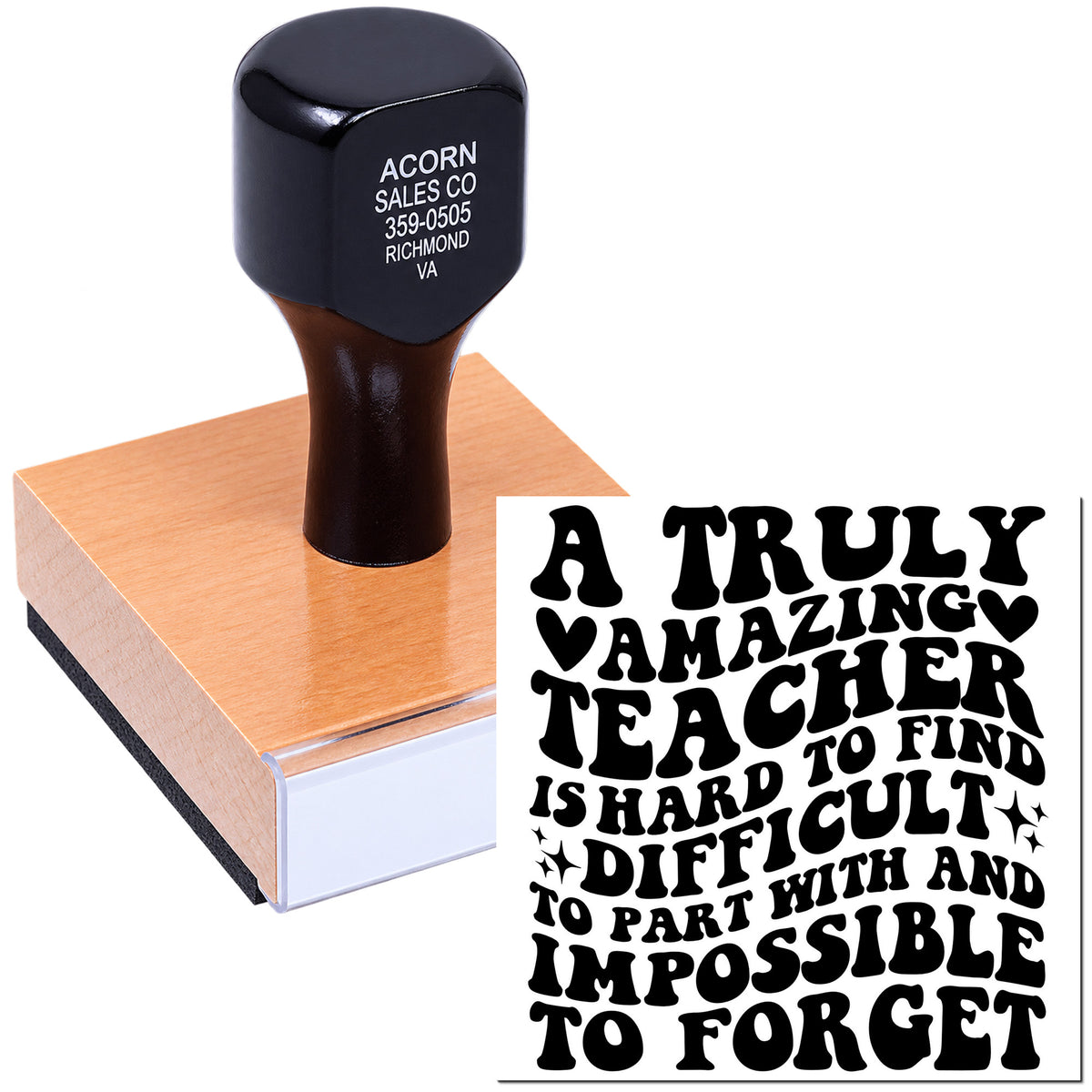 Custom teacher appreciation rubber stamp with retro quote, A truly amazing teacher is hard to find and impossible to forget.