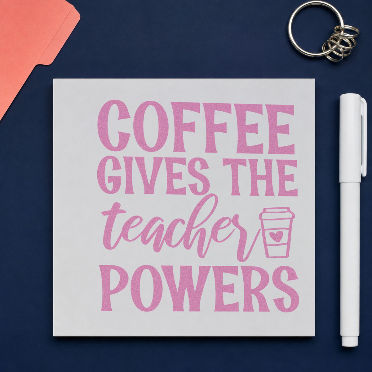 Coffee Gives Teacher Powers craft stamp in purple ink on cardstock, an easy option for single serve tags.
