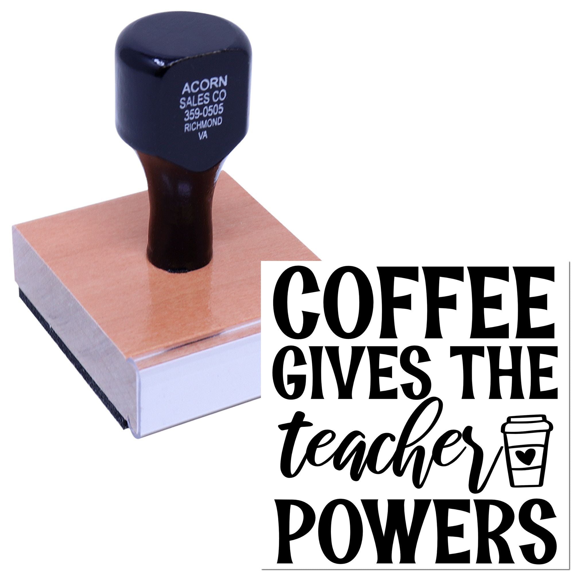 Coffee Gives the Teacher Powers rubber stamp for teacher gifts, classroom crafts, and educator appreciation.