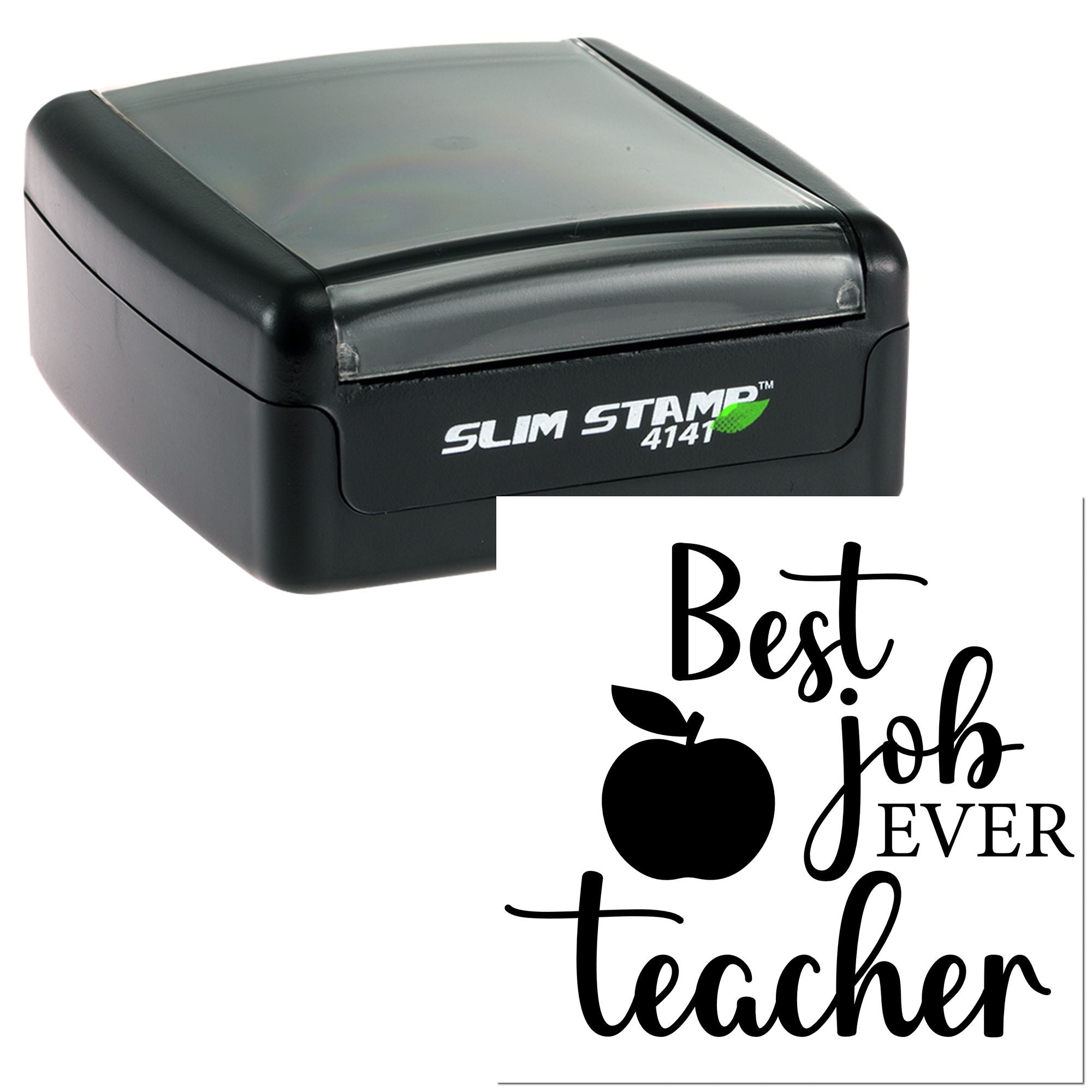 Self-inking Slim Stamp 4141 rubber stamp with custom Best Teacher Ever teacher imprint and apple design.