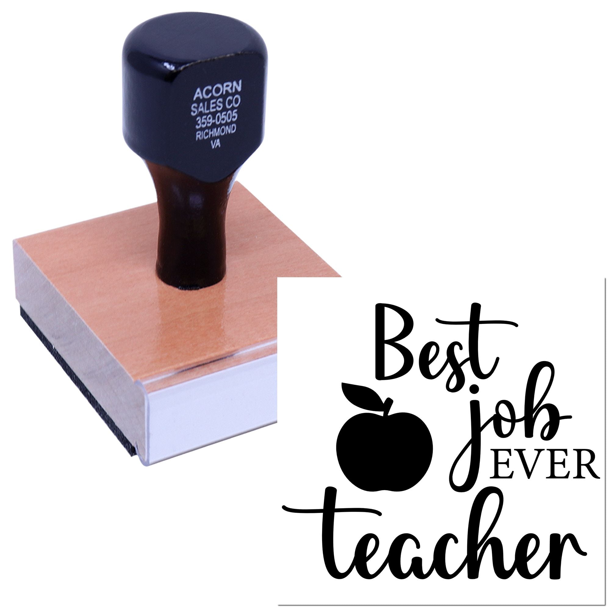 Custom teacher rubber stamp with Best Job Ever apple design for classroom grading and reward notes.