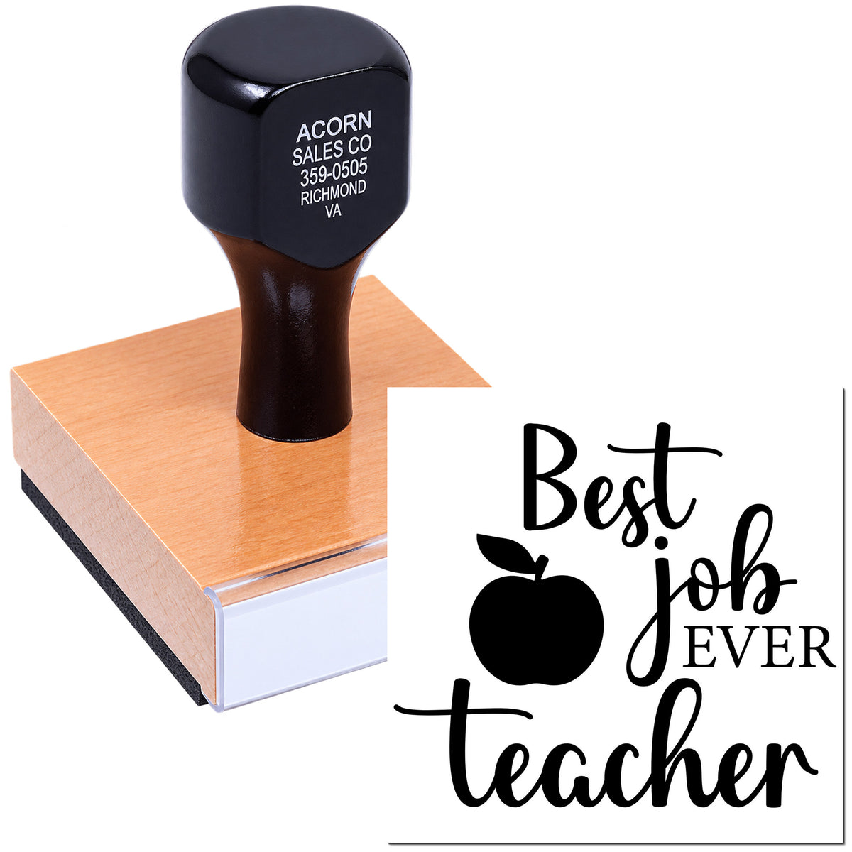 Custom teacher rubber stamp with Best Job Ever apple design for classroom grading and reward notes.