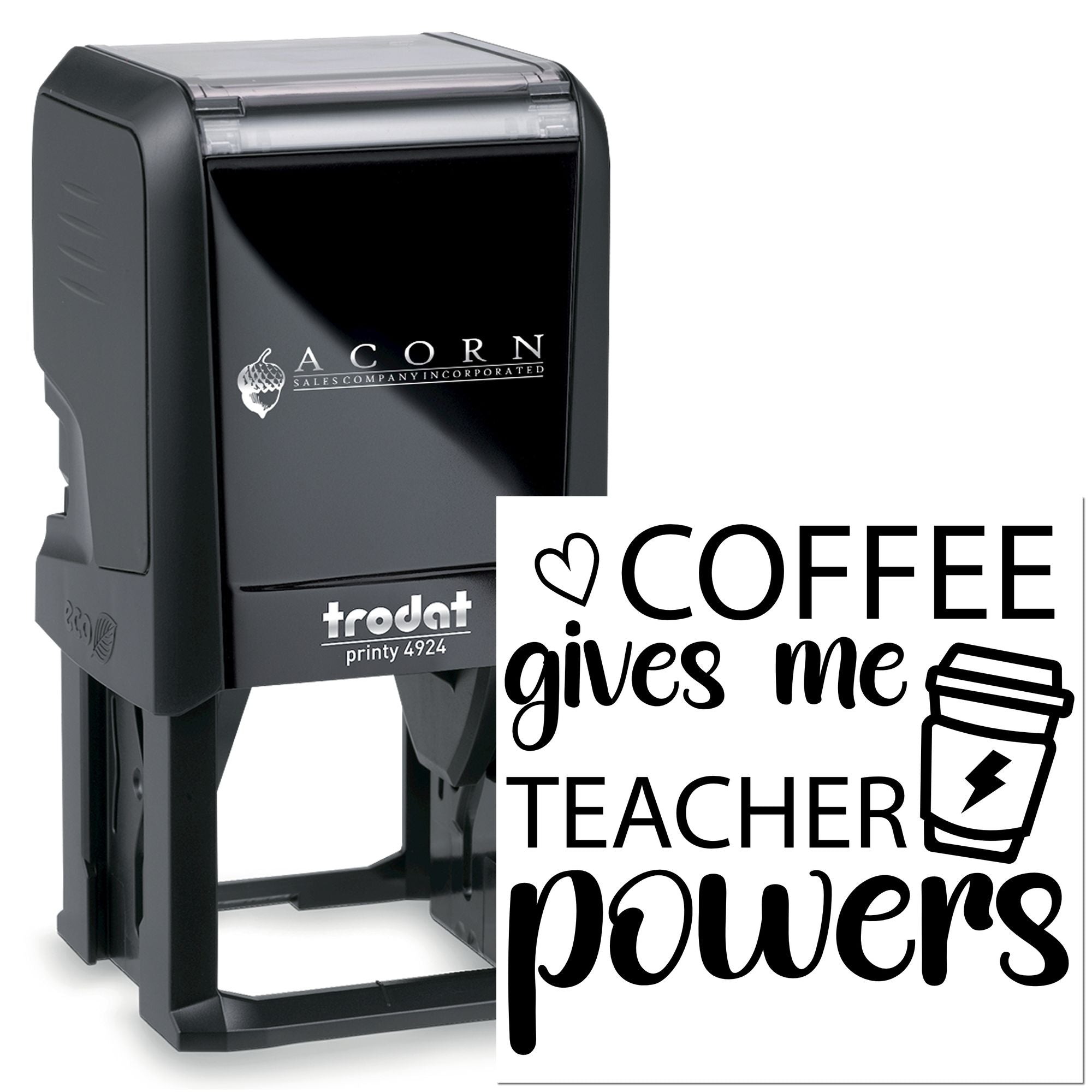 Custom self-inking rubber stamp with Coffee gives me teacher powers design for teachers and coffee lovers.