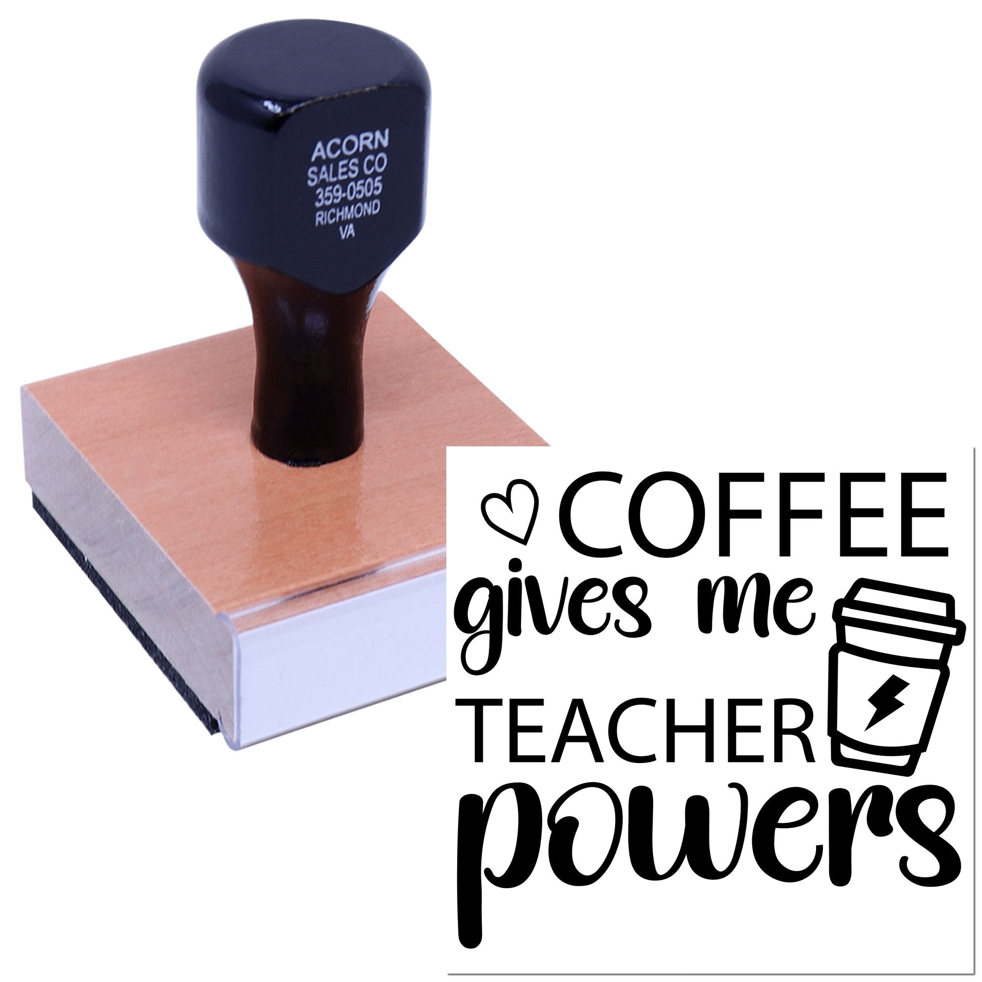 Custom coffee gives me teacher powers rubber stamp, perfect for classroom use and teacher appreciation gifts.