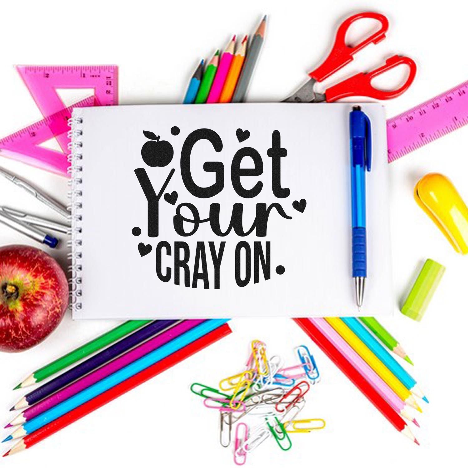 Get Your Crayon rubber stamp design with colorful school supplies, pencils, rulers, scissors, and notebook for classroom crafts.