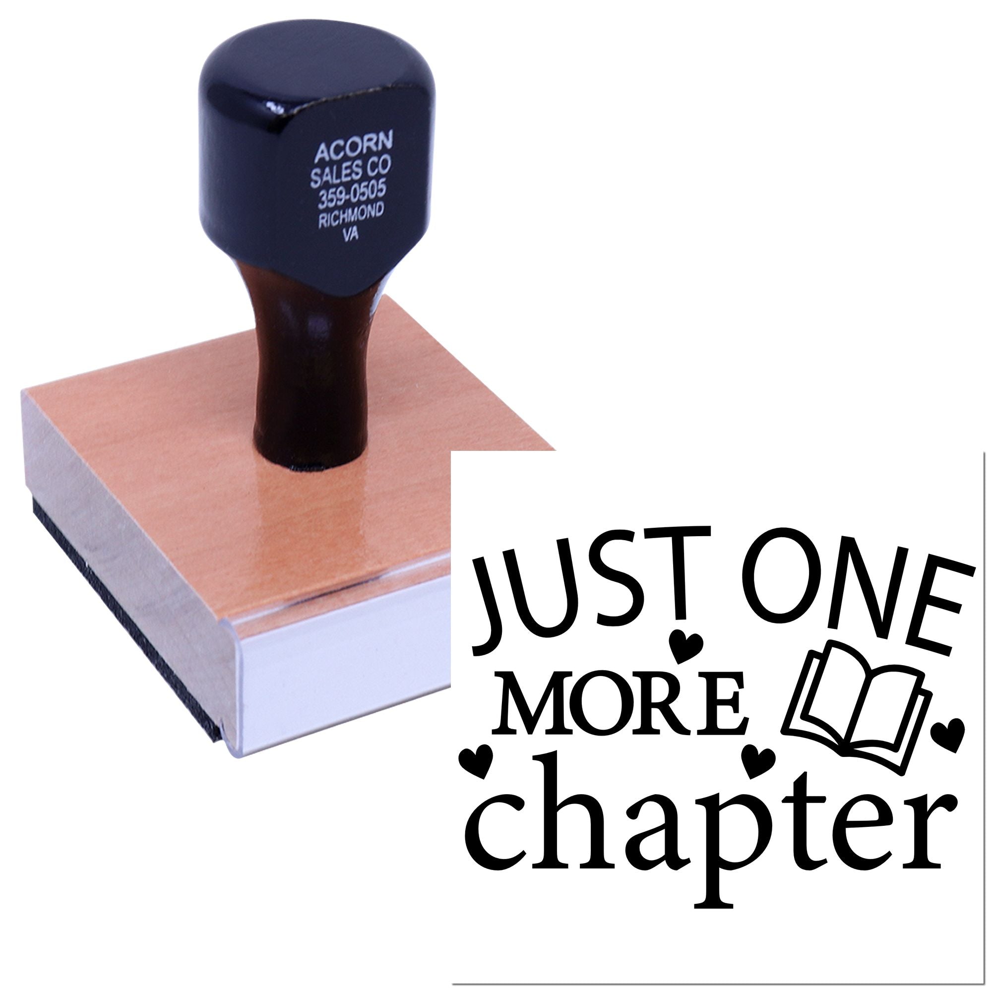 Custom rubber stamp with Just One More Chapter design for book lovers, libraries, and reading-themed gifts.