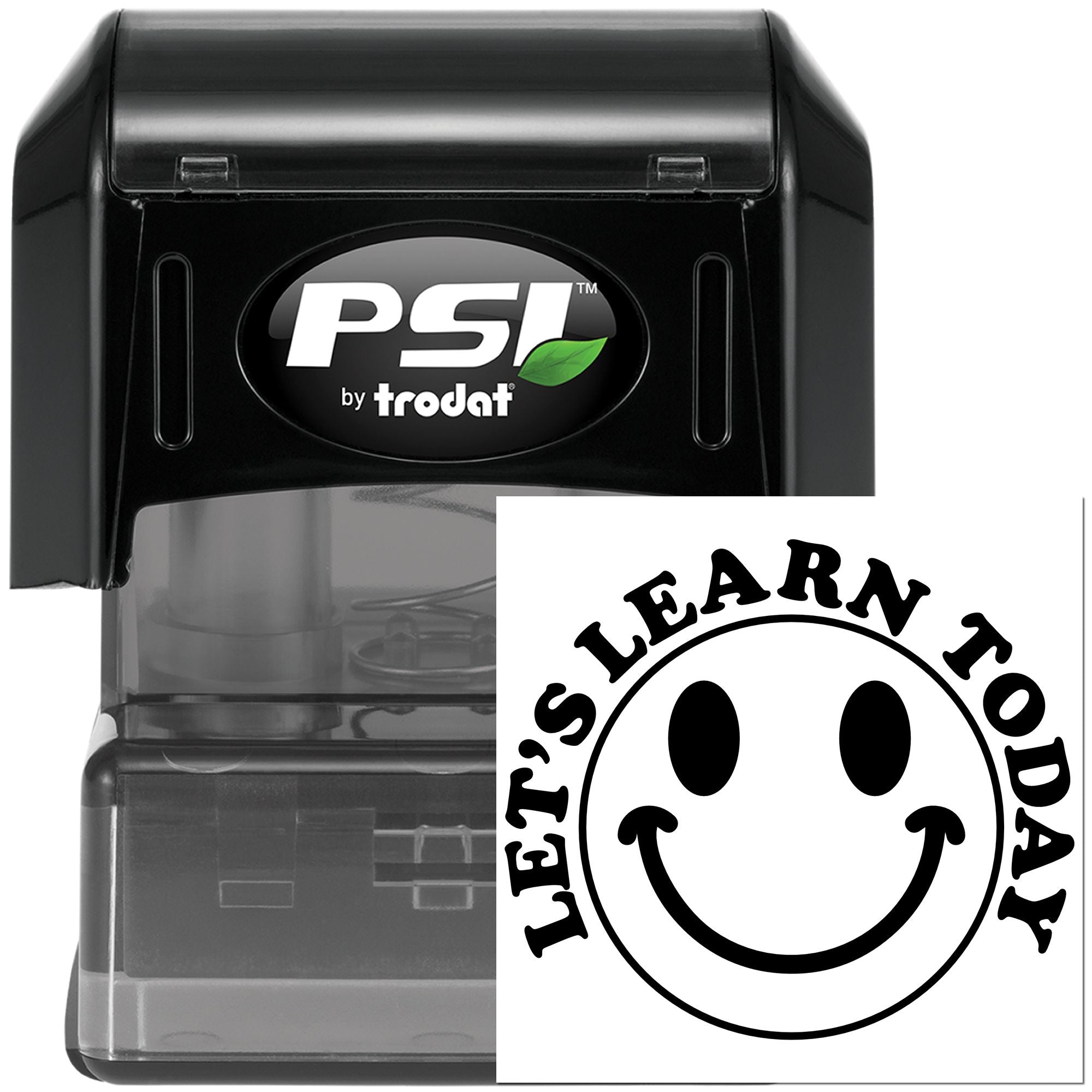 Custom self-inking rubber stamp with Lets Learn Today smiley design for teachers, classrooms, and motivational stamping.