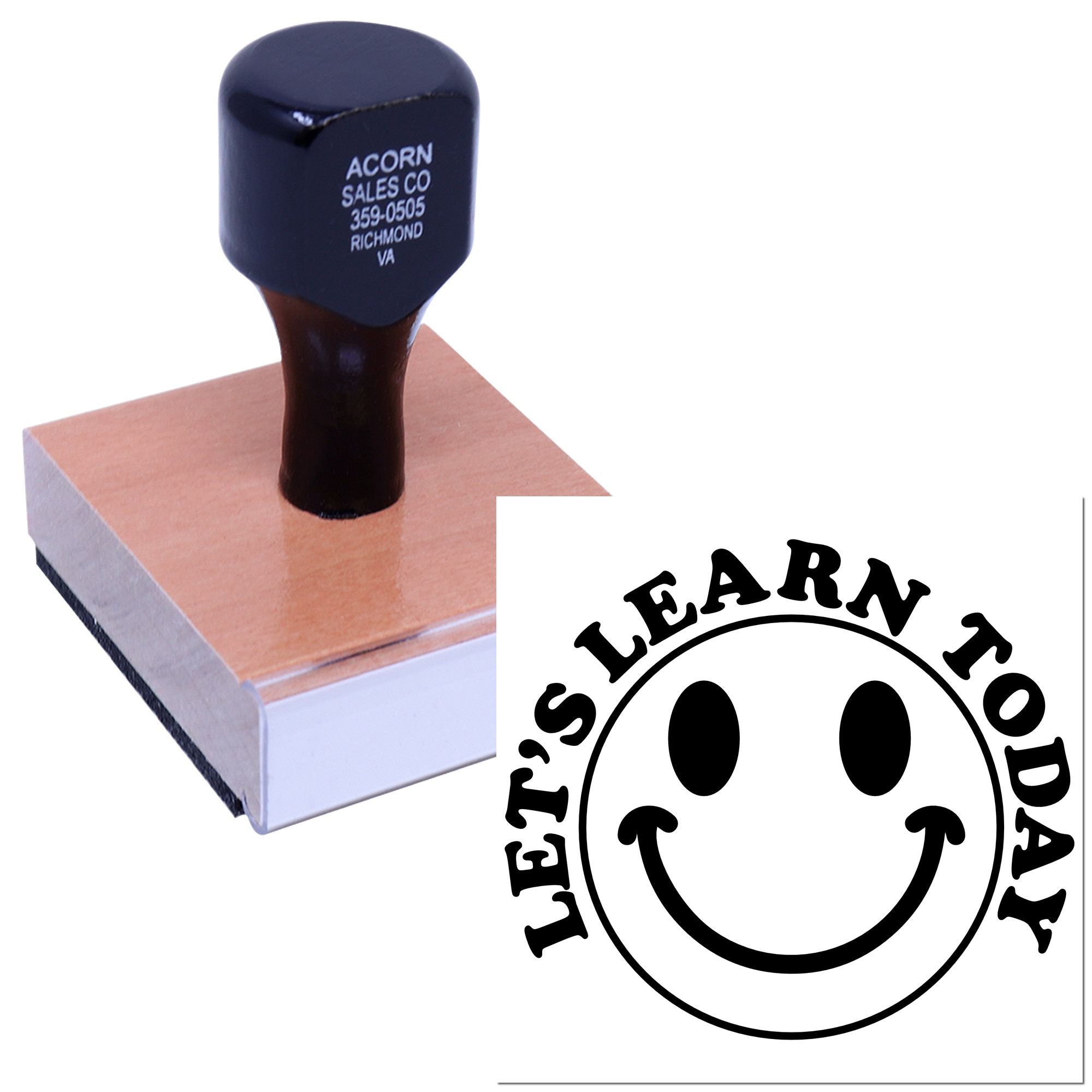 Custom wood-mounted rubber stamp with Lets Learn Today smiley face logo for educational branding.
