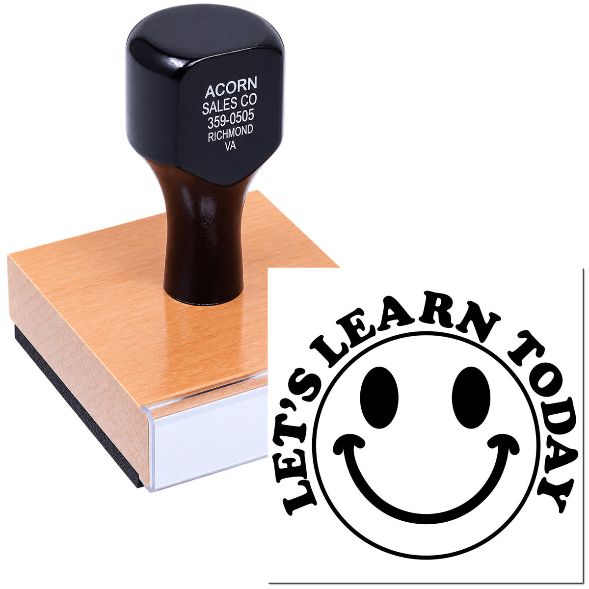 Custom wood-mounted rubber stamp with Lets Learn Today smiley face logo for educational branding.