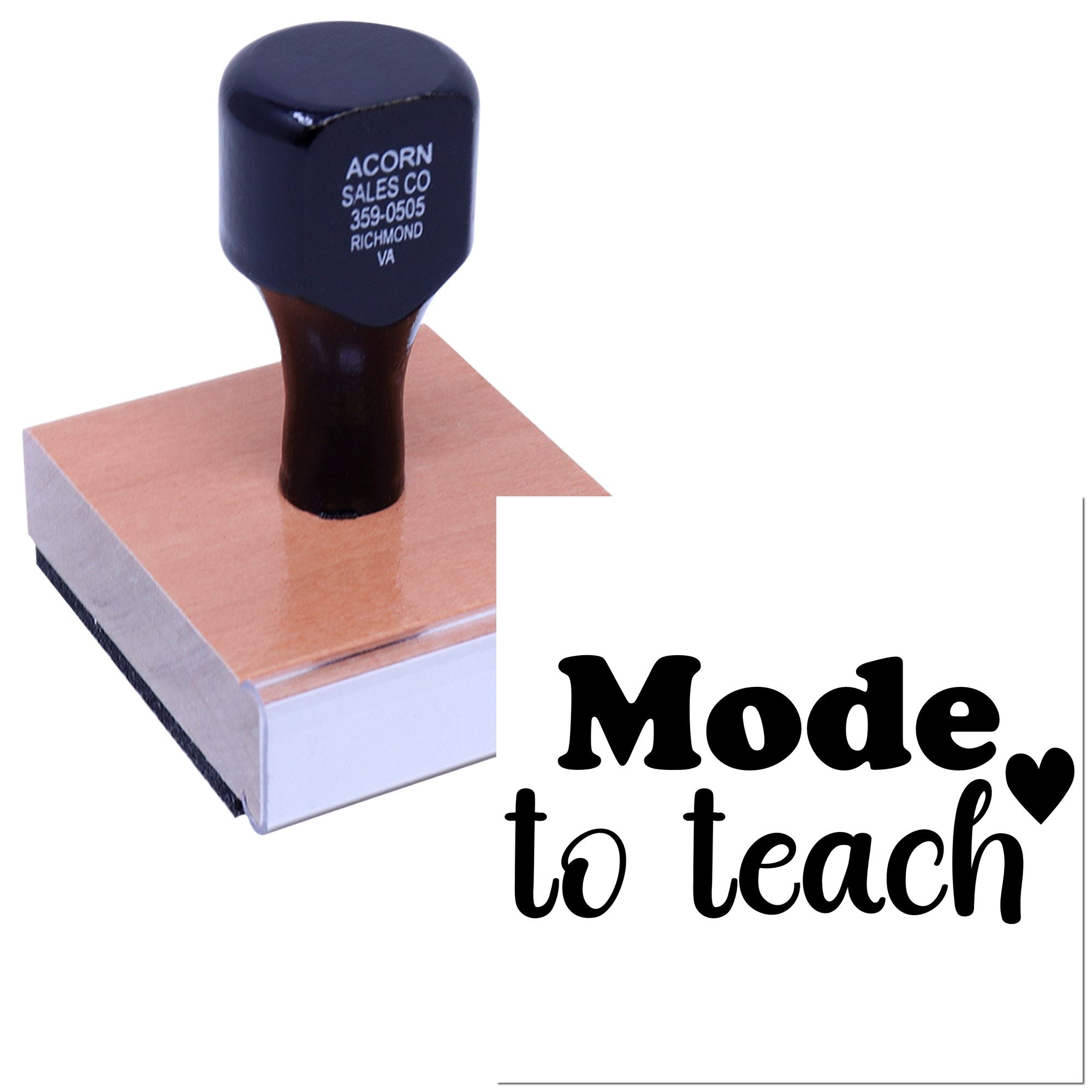 Custom rubber stamp on wooden block with teacher-themed imprint, ideal for personalized classroom branding and teacher gifts.