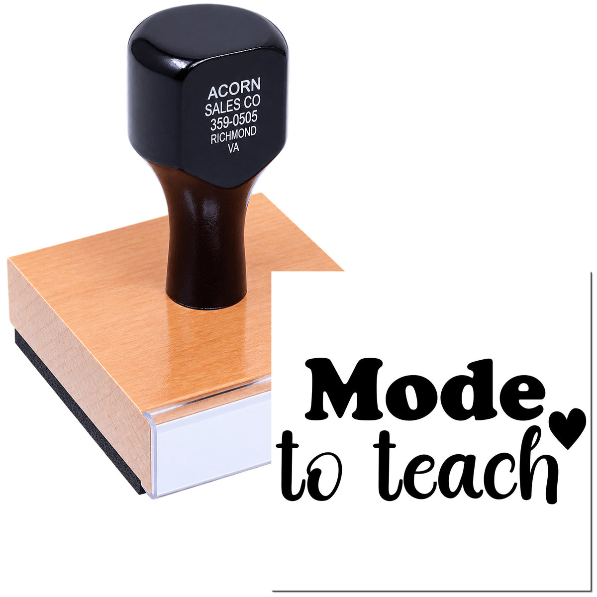 Custom rubber stamp on wooden block with teacher-themed imprint, ideal for personalized classroom branding and teacher gifts.