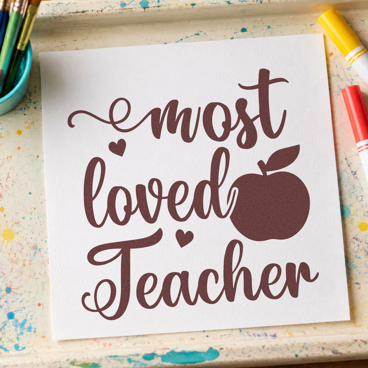 Most Loved Teacher Apple With Hearts Slim Pre-Inked Stamp in use 4