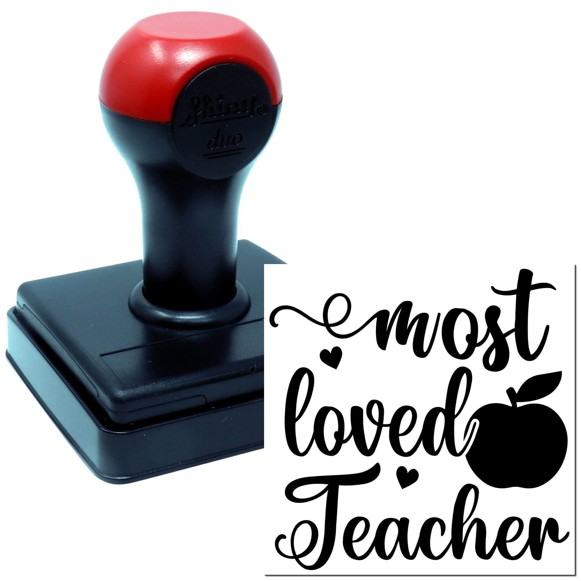 Self-inking teacher rubber stamp with most loved Teacher design and apple icon for classroom use.