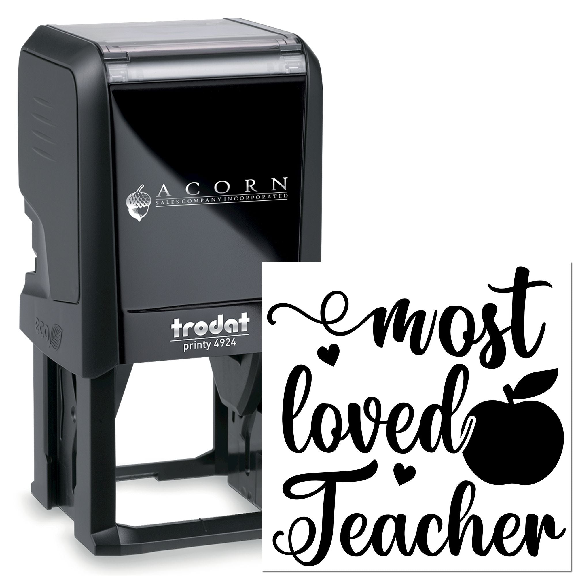 Trodat Printy 4924 self-inking rubber stamp with Most Loved Teacher design for classroom rewards and teacher appreciation.