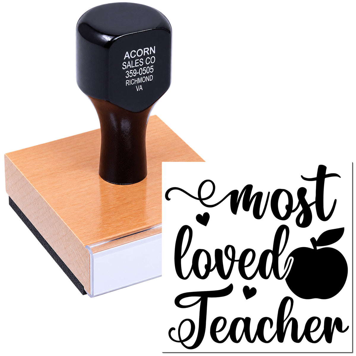 Custom rubber stamp with most loved teacher design, ideal for teacher appreciation cards, crafts, and school gifts.